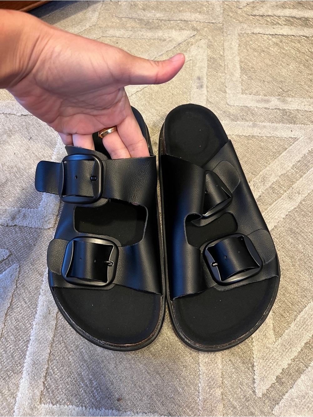 chunky platform arizona style leather sandal with memory foam sole